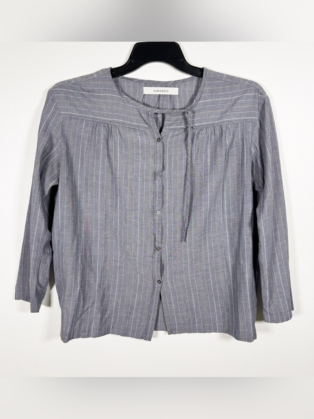 HUMANOID Rony Gray Blue Striped Lagenlook Italian Fabric Button Up Blouse Sz S